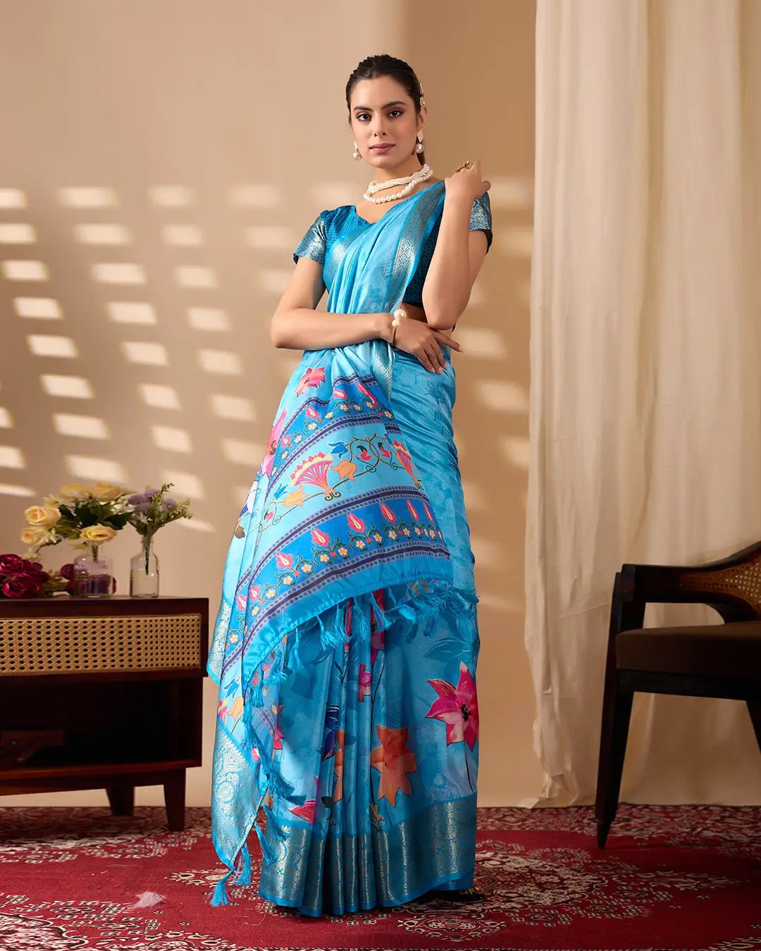 Floral Lichi Silk Saree with Zari Border