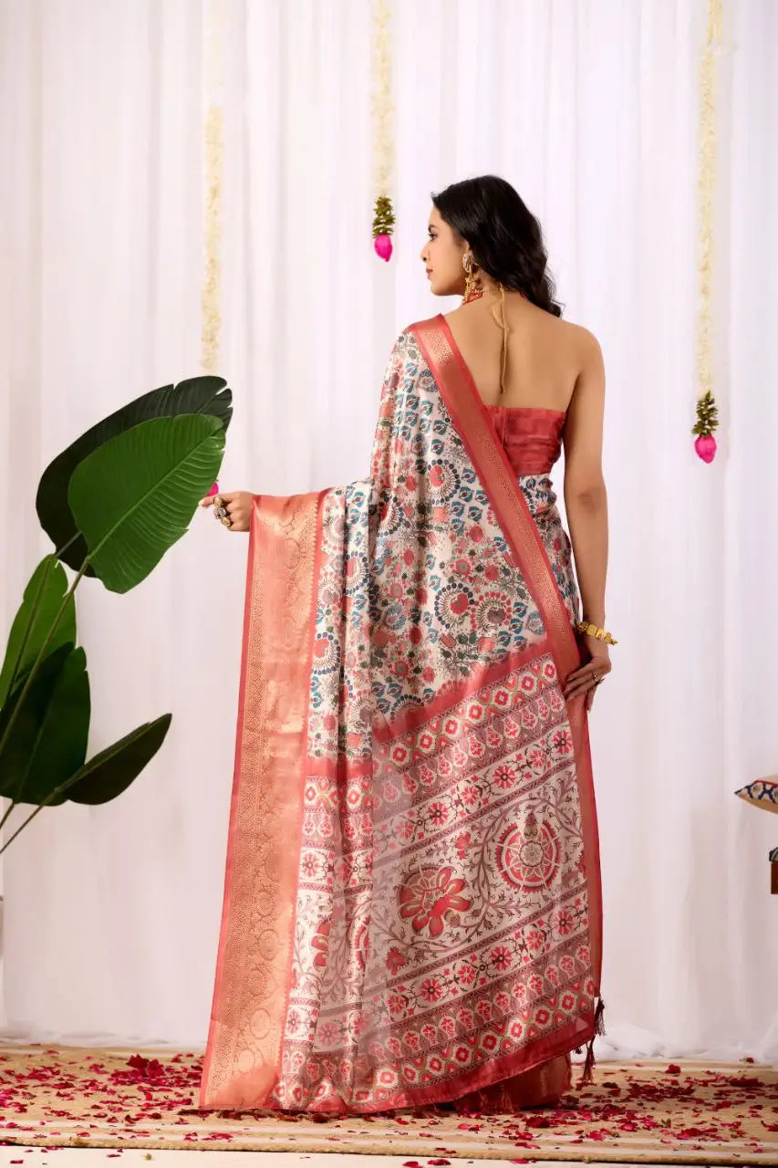 Floral Lichi Silk Saree with Zari Border