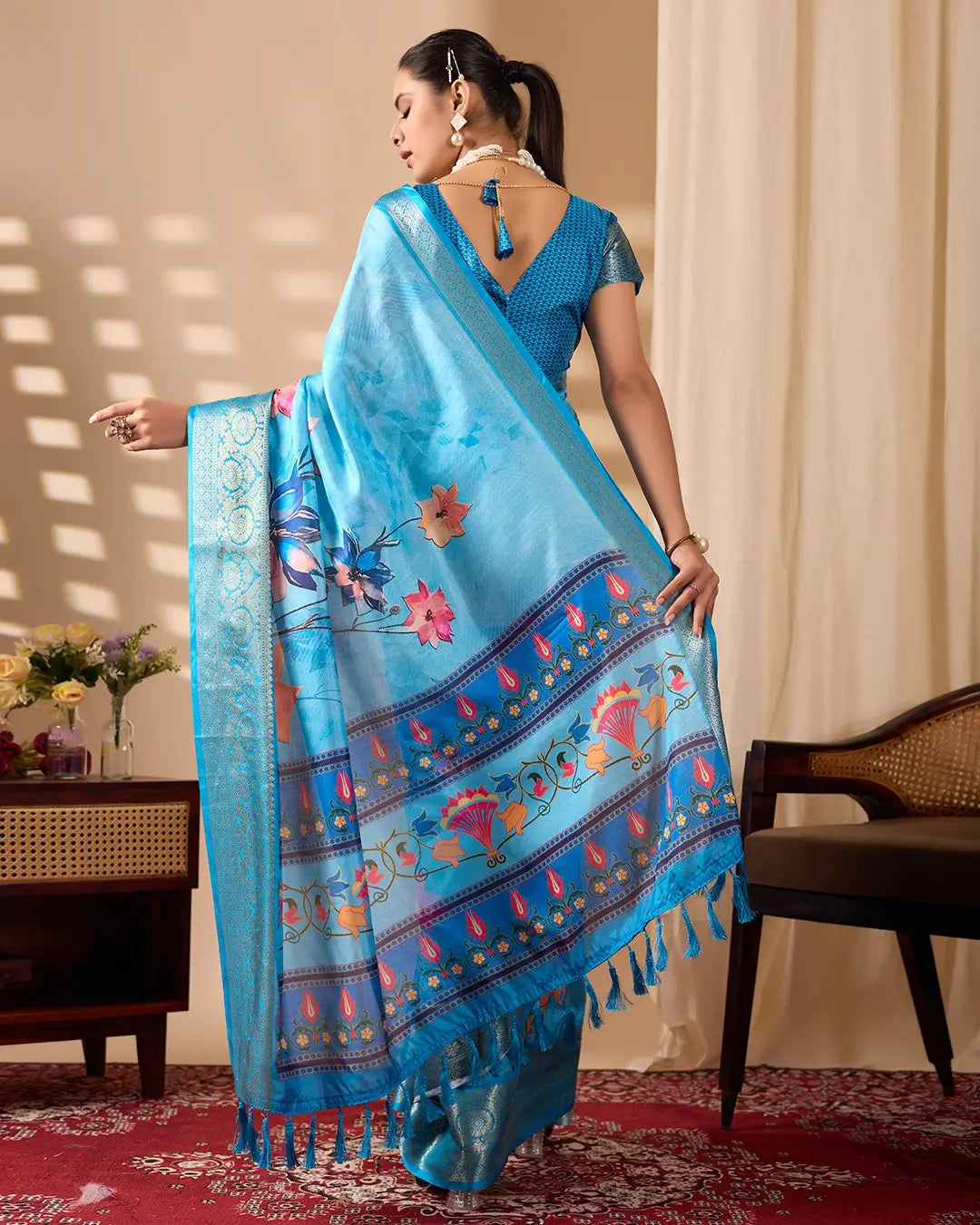 Floral Lichi Silk Saree with Zari Border