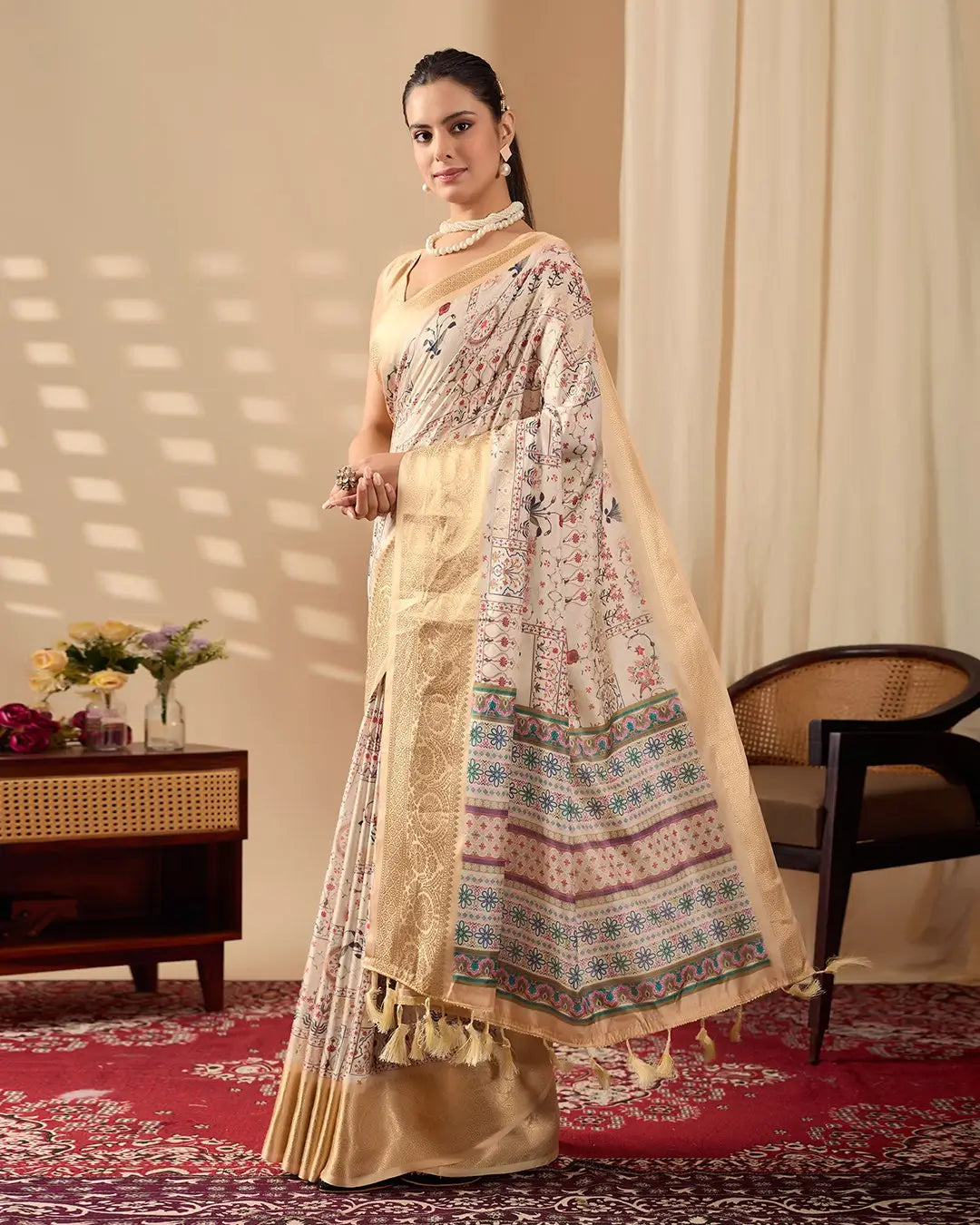 Floral Lichi Silk Saree with Zari Border