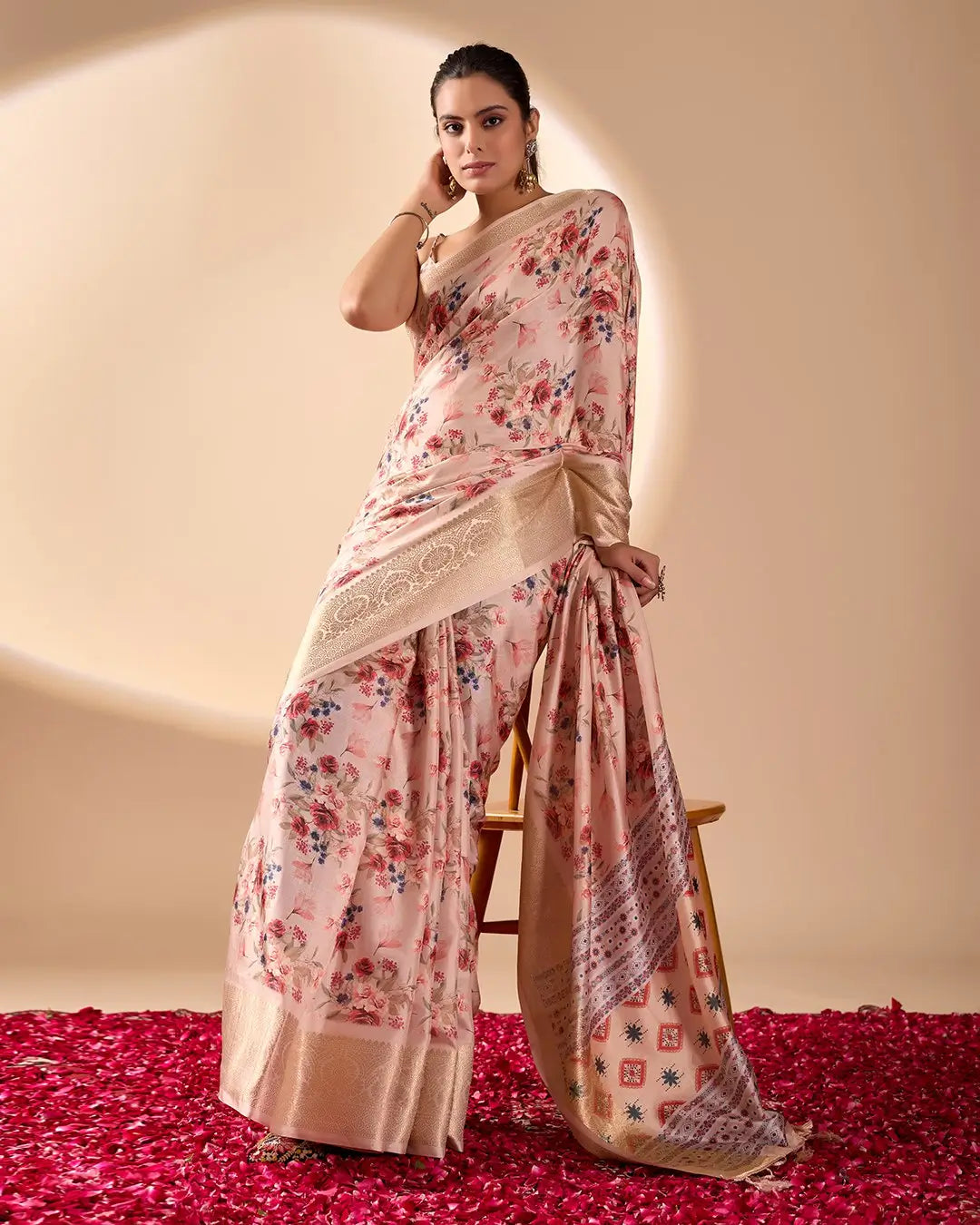 Floral Lichi Silk Saree with Zari Border