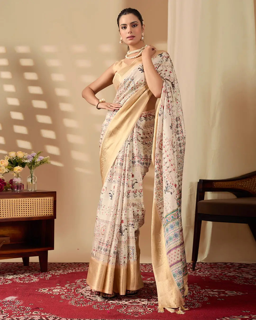 Floral Lichi Silk Saree with Zari Border