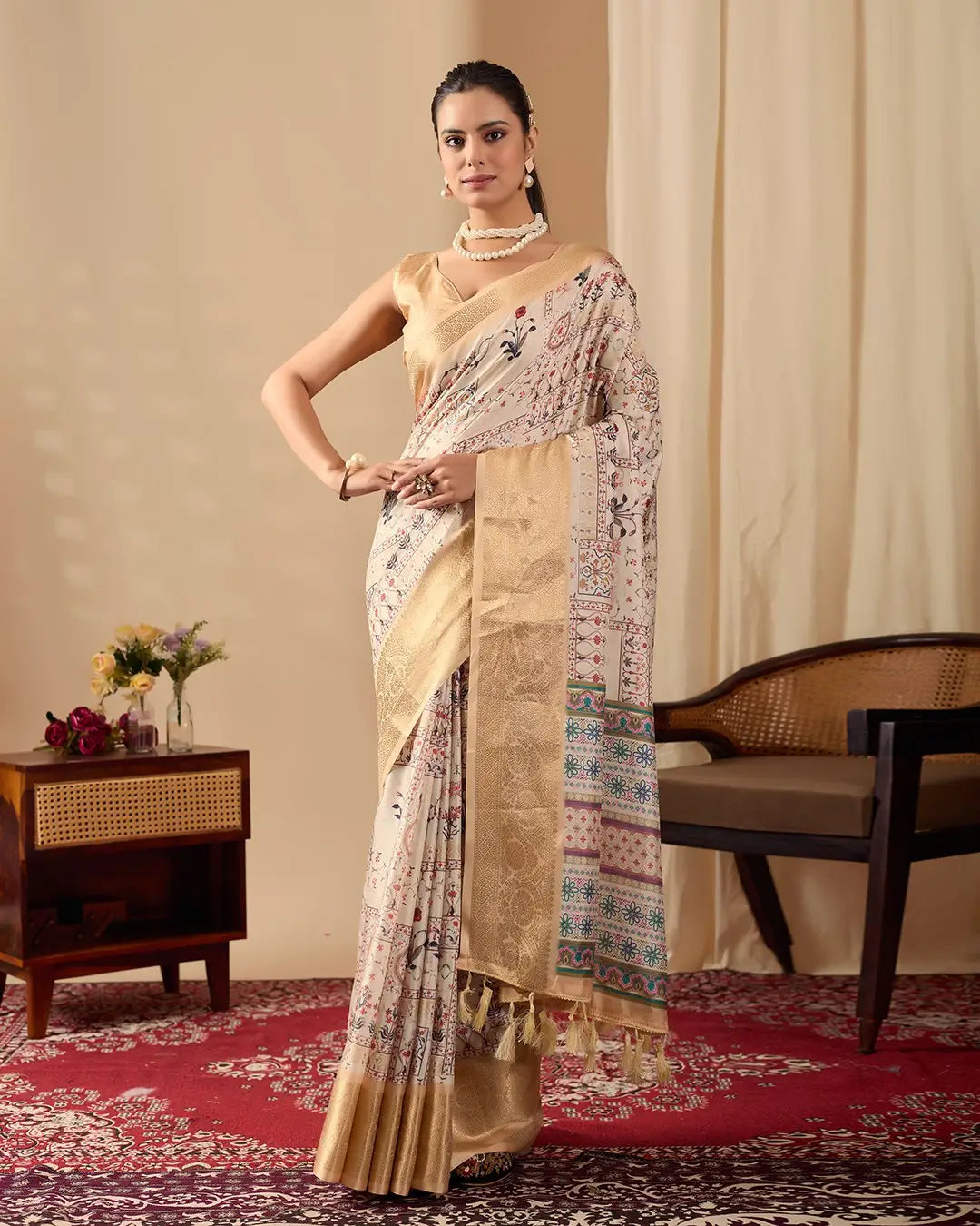 Floral Lichi Silk Saree with Zari Border