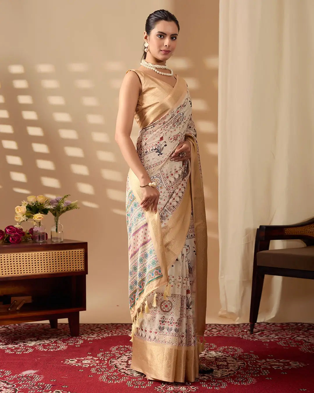 Floral Lichi Silk Saree with Zari Border