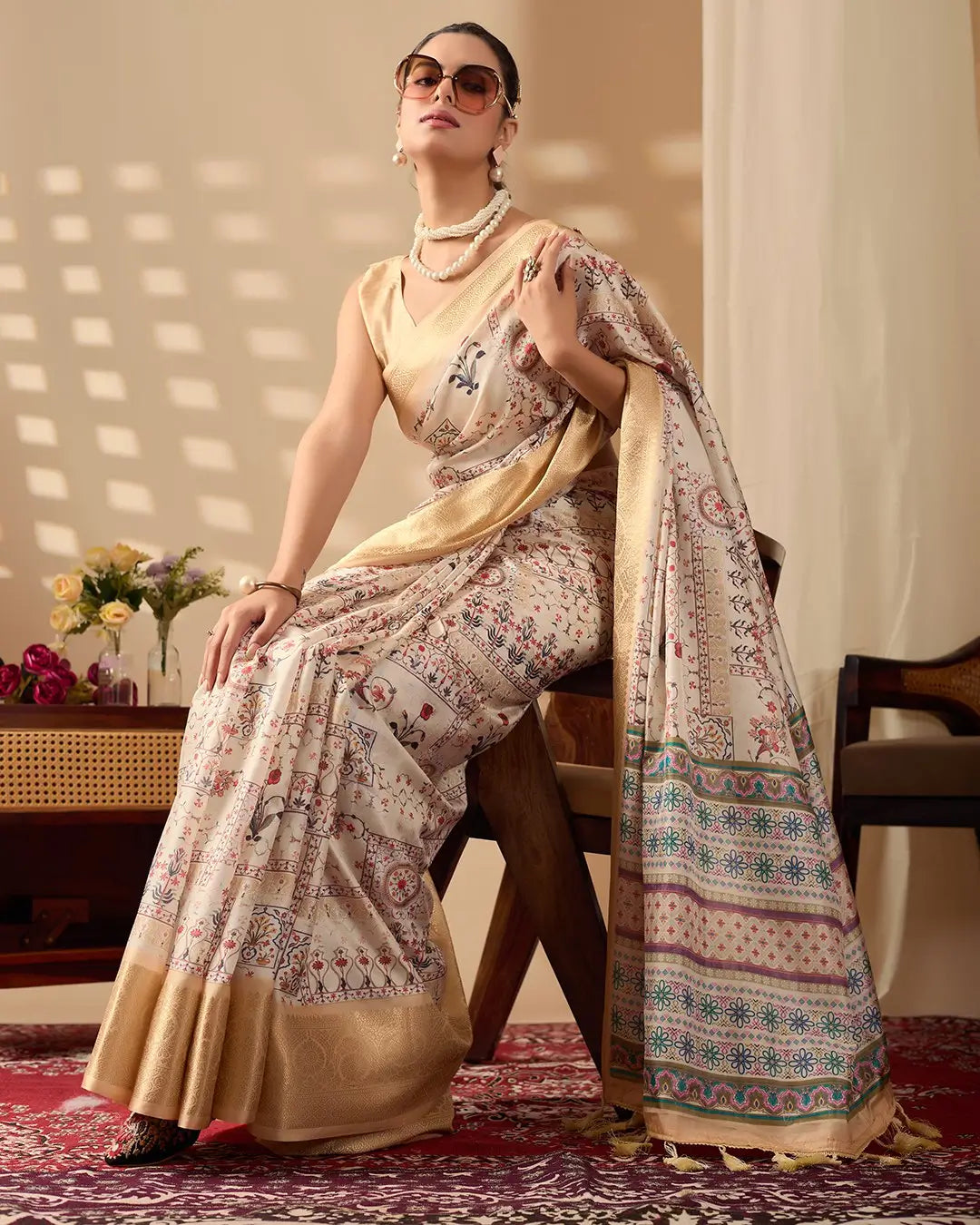 Floral Lichi Silk Saree with Zari Border