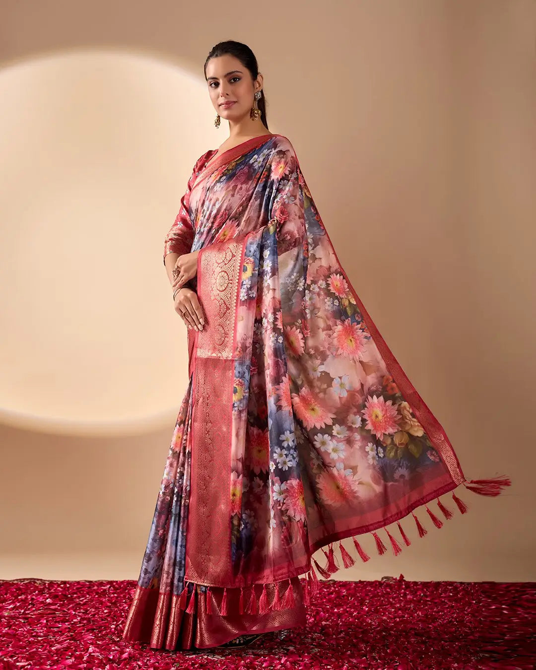Floral Lichi Silk Saree with Zari Border