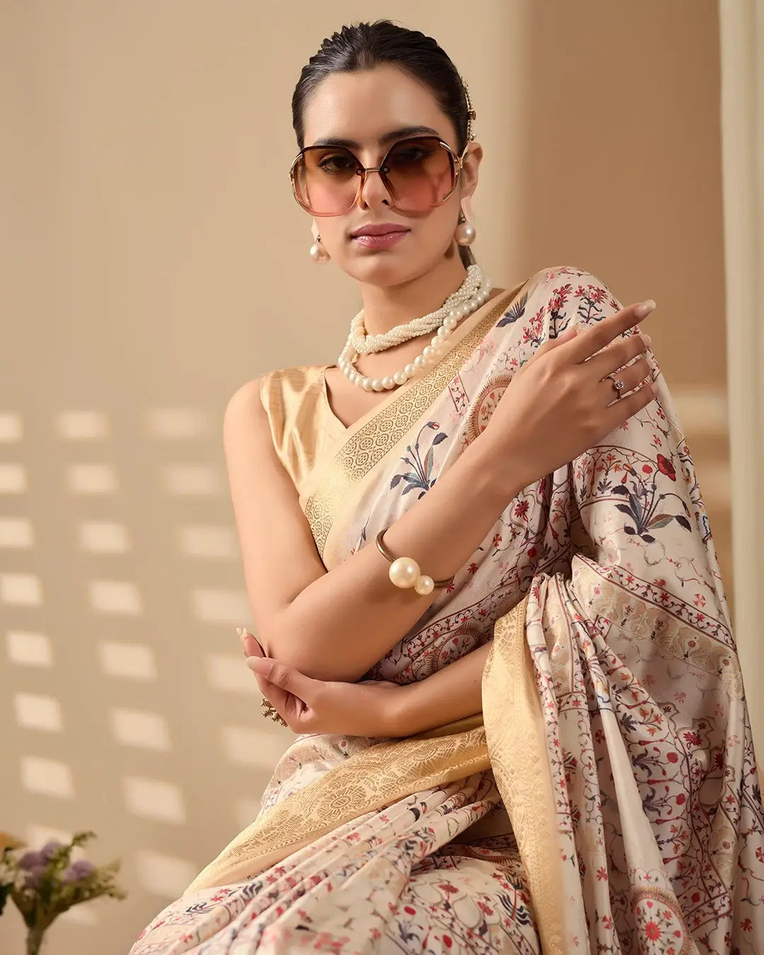 Floral Lichi Silk Saree with Zari Border