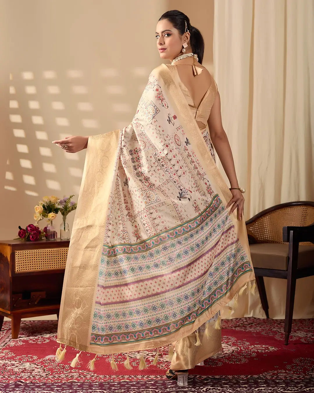 Floral Lichi Silk Saree with Zari Border