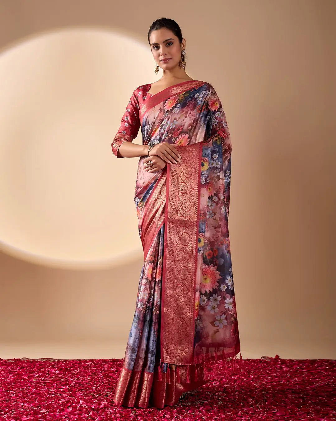 Floral Lichi Silk Saree with Zari Border