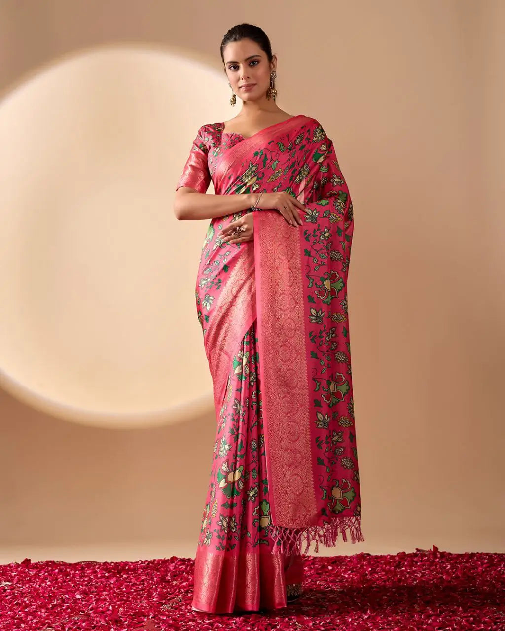 Floral Lichi Silk Saree with Zari Border