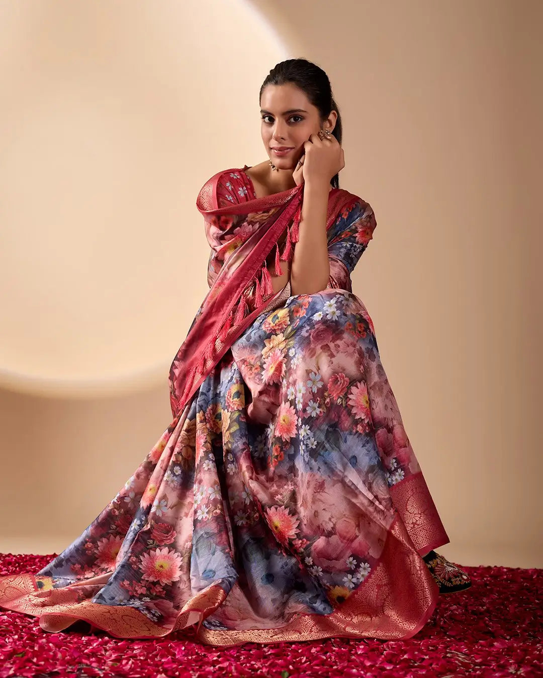 Floral Lichi Silk Saree with Zari Border