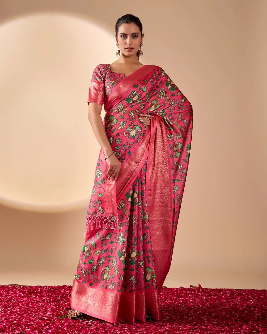 Floral Lichi Silk Saree with Zari Border