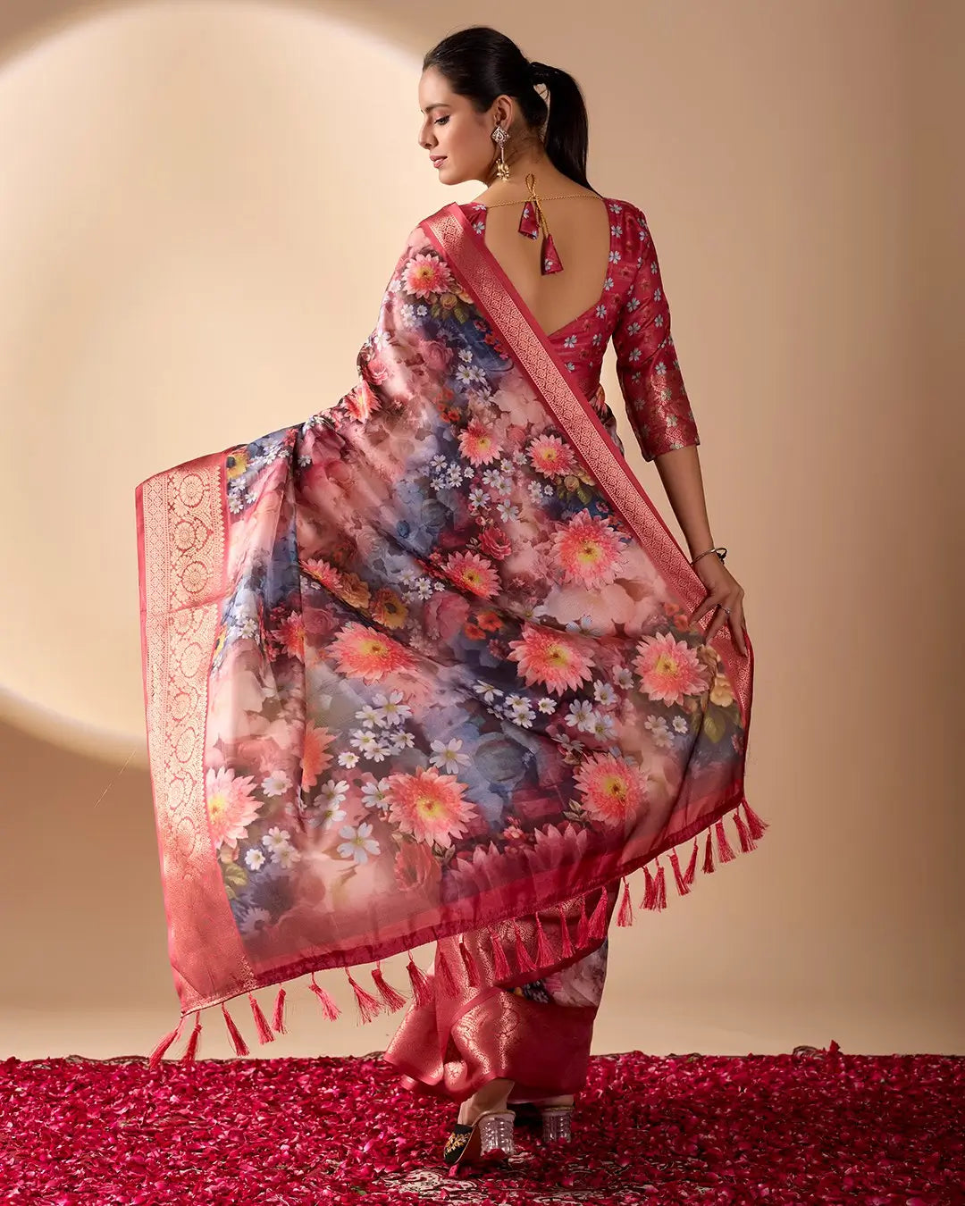 Floral Lichi Silk Saree with Zari Border