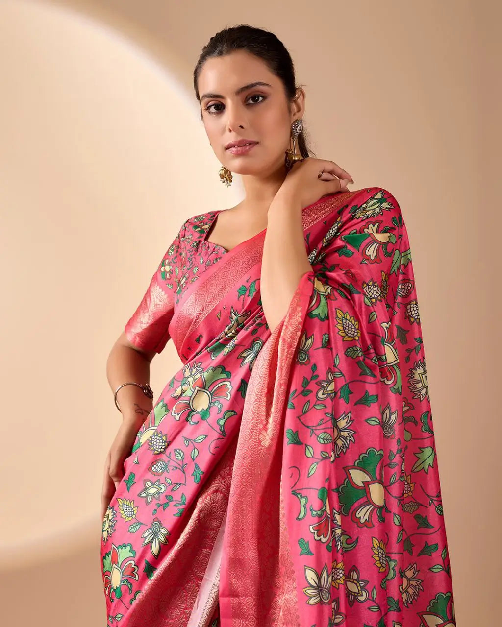 Floral Lichi Silk Saree with Zari Border