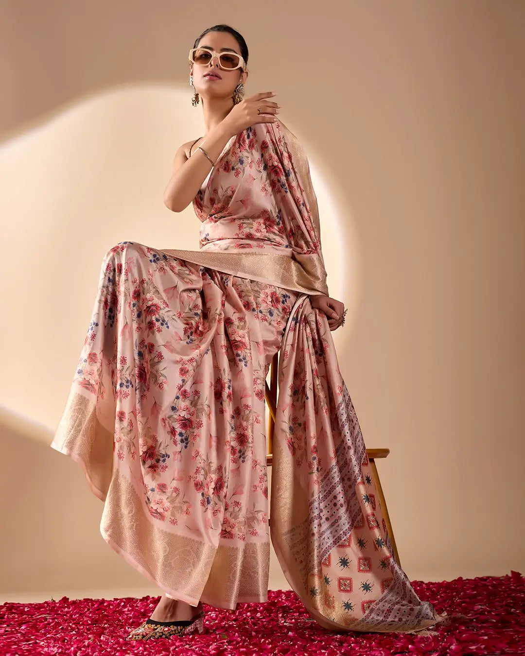 Floral Lichi Silk Saree with Zari Border
