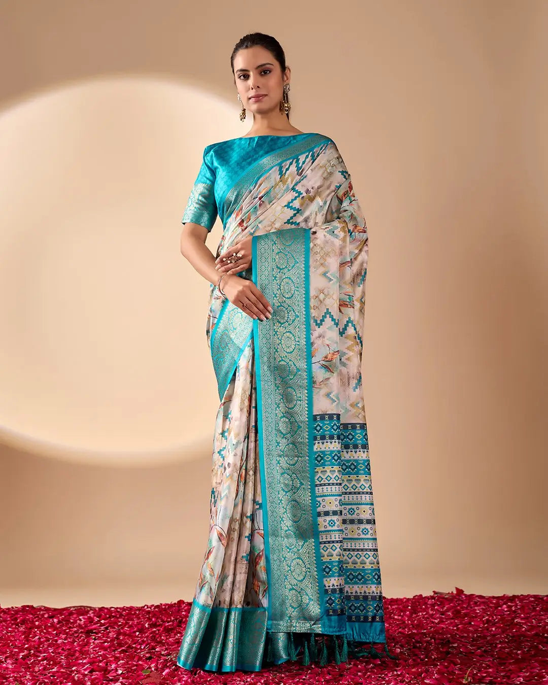 Floral Lichi Silk Saree with Zari Border