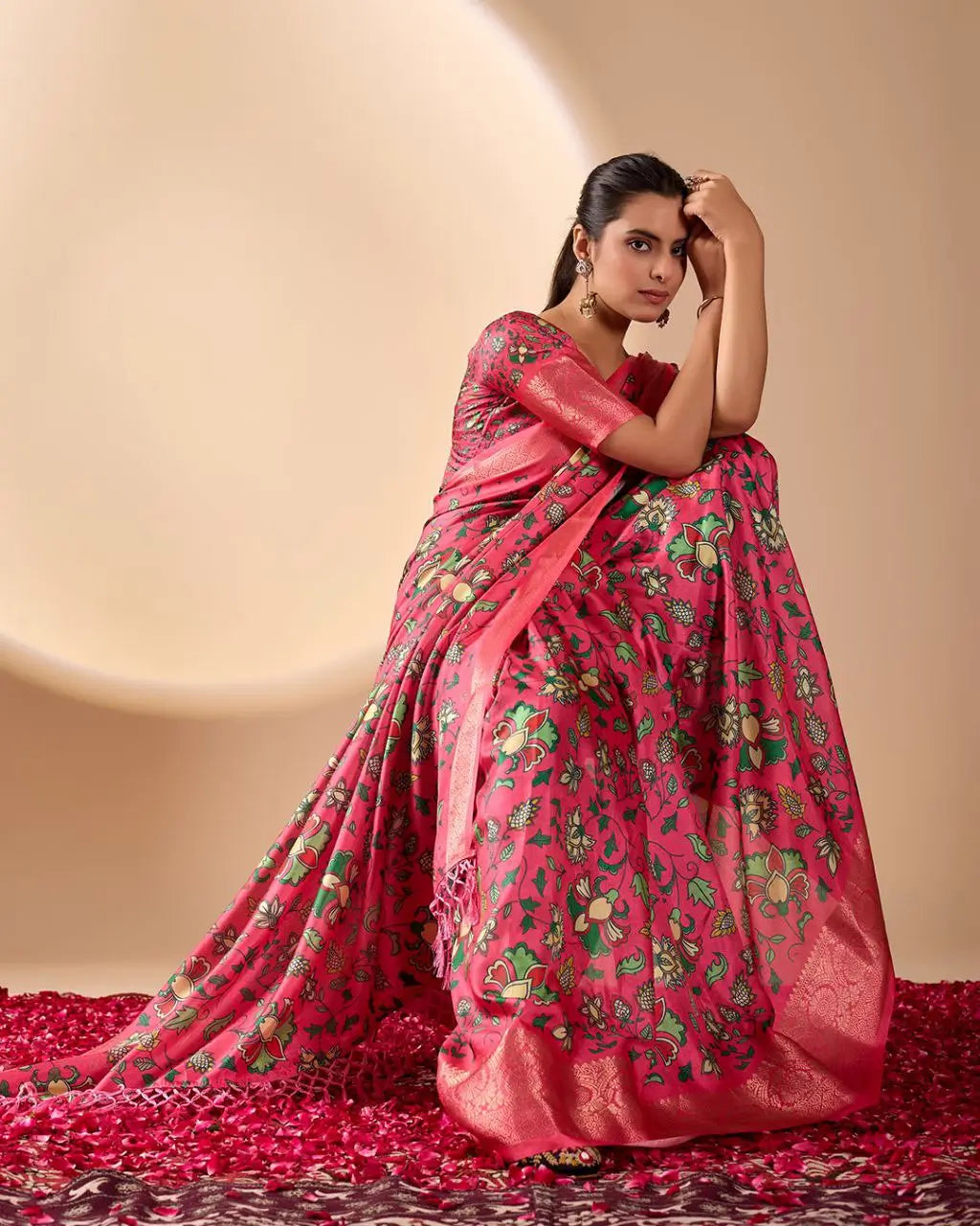 Floral Lichi Silk Saree with Zari Border