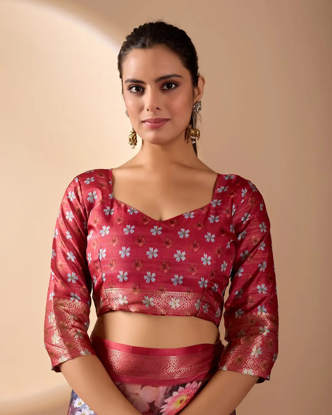 Floral Lichi Silk Saree with Zari Border