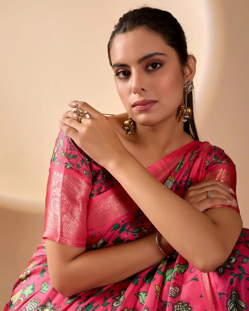 Floral Lichi Silk Saree with Zari Border