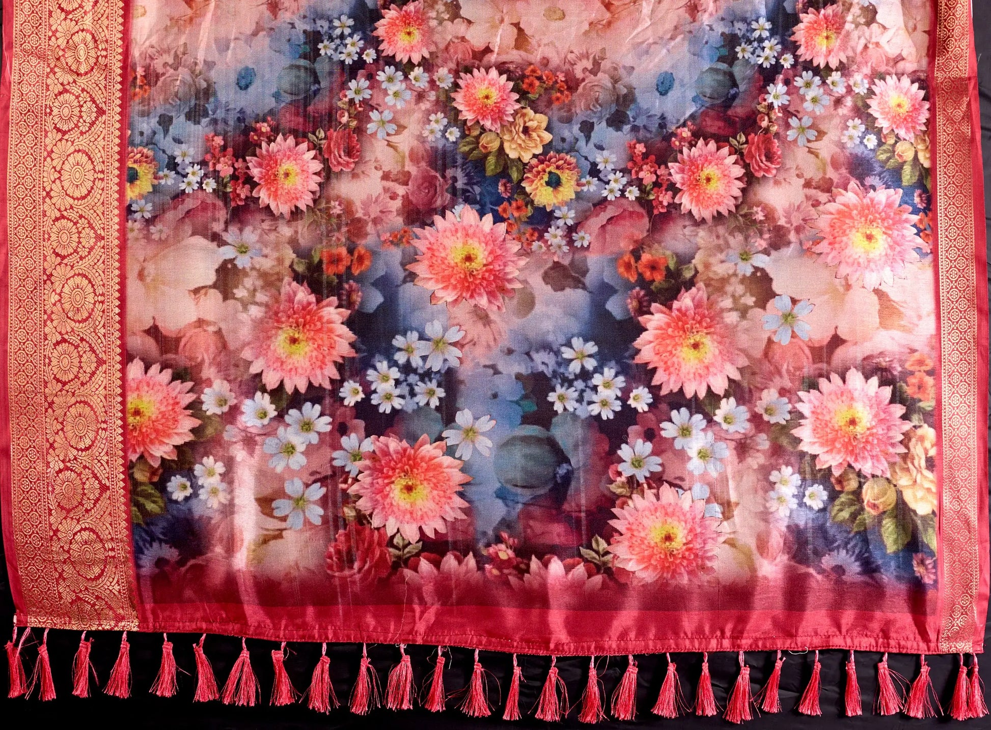 Floral Lichi Silk Saree with Zari Border