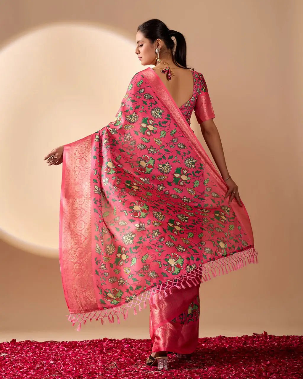 Floral Lichi Silk Saree with Zari Border