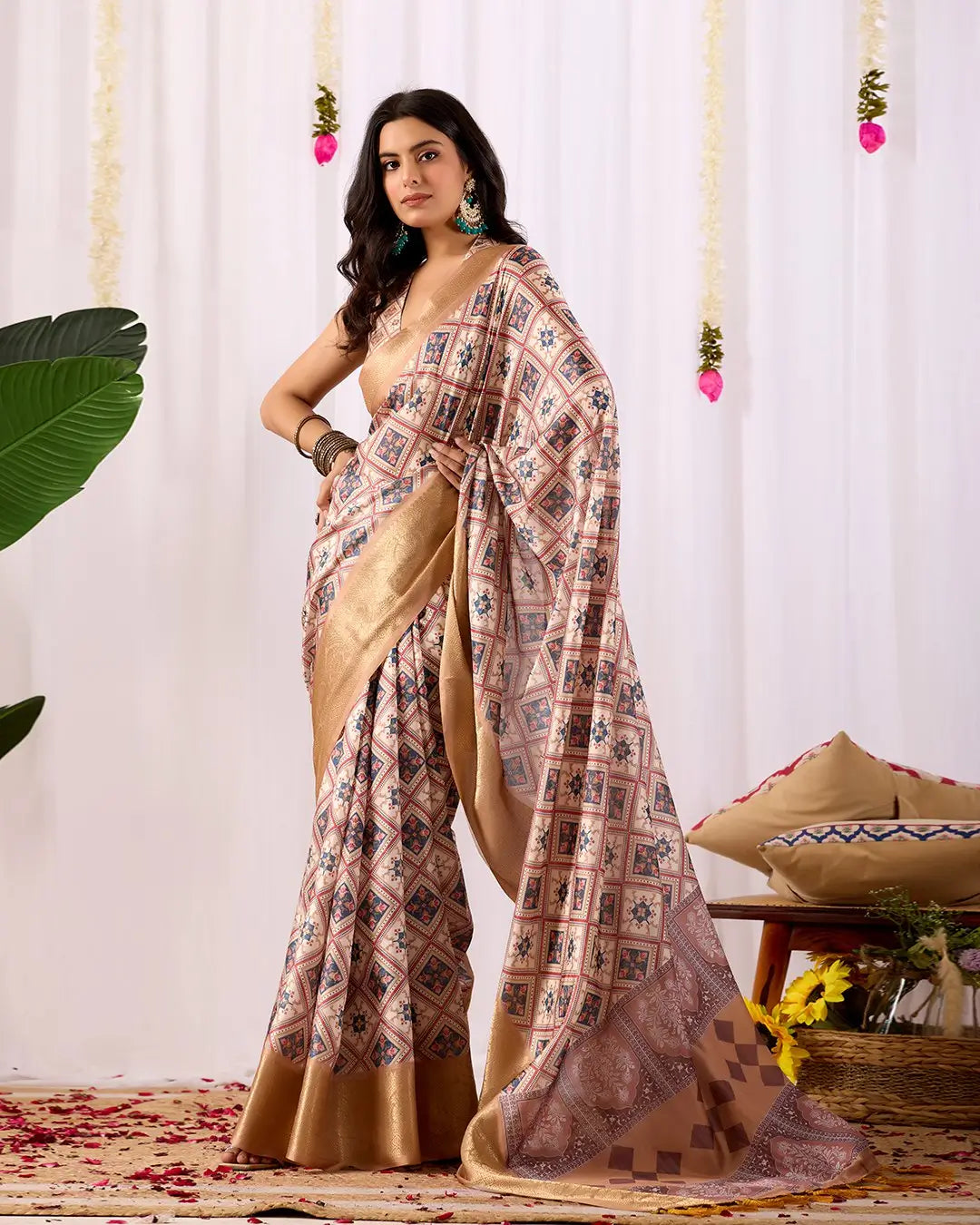 Floral Lichi Silk Saree with Zari Border