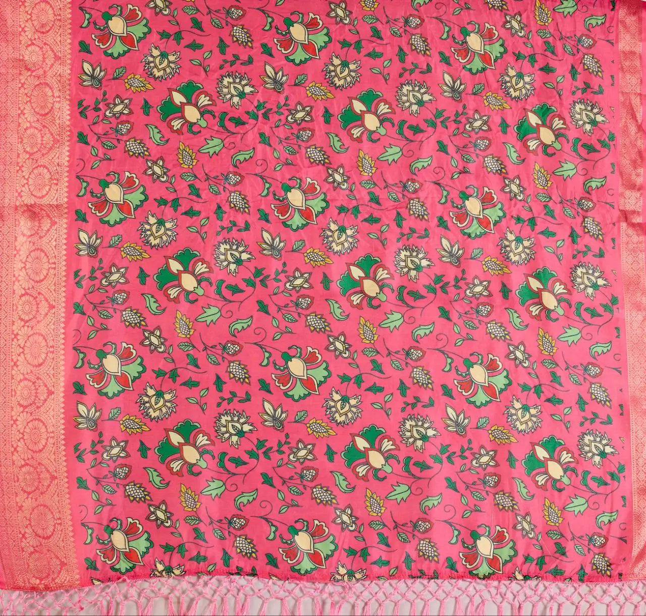 Floral Lichi Silk Saree with Zari Border