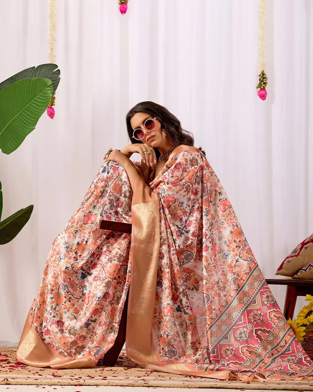 Floral Lichi Silk Saree with Zari Border
