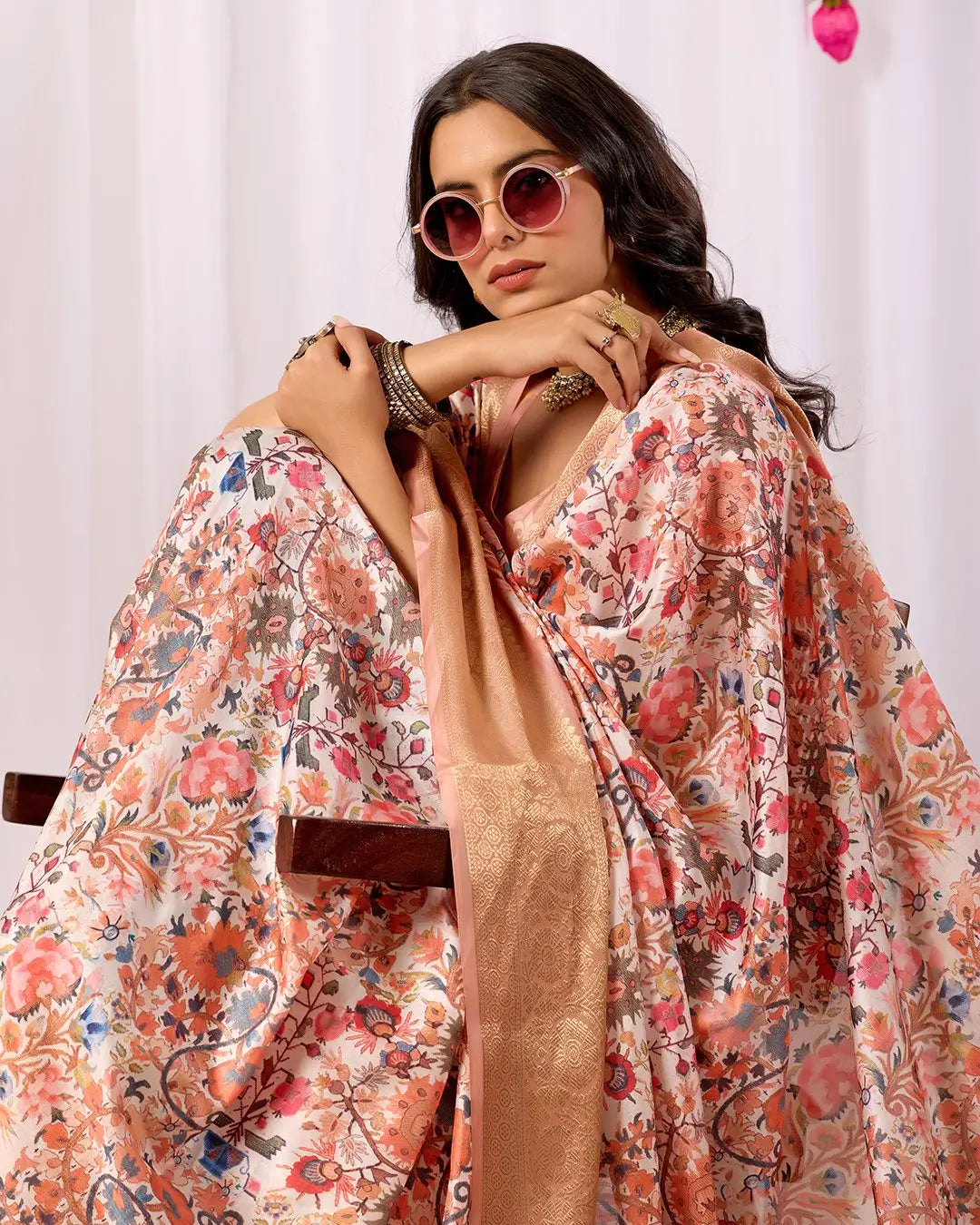 Floral Lichi Silk Saree with Zari Border