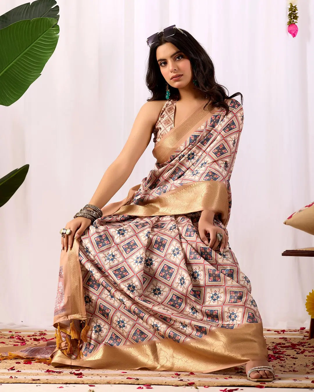 Floral Lichi Silk Saree with Zari Border