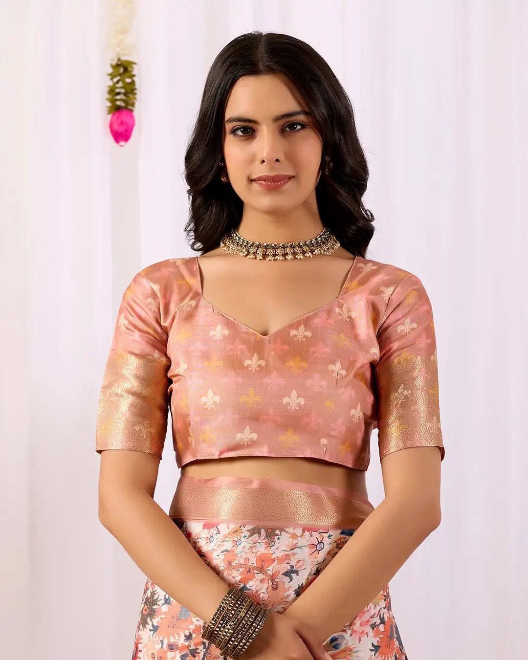 Floral Lichi Silk Saree with Zari Border