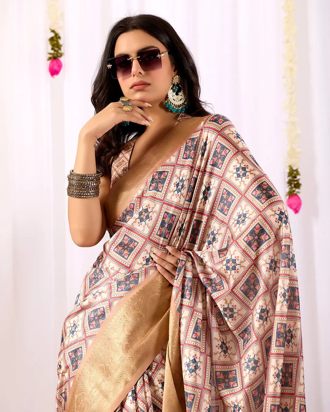 Floral Lichi Silk Saree with Zari Border