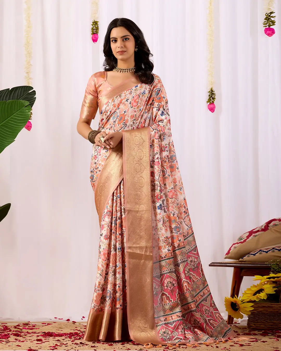 Floral Lichi Silk Saree with Zari Border