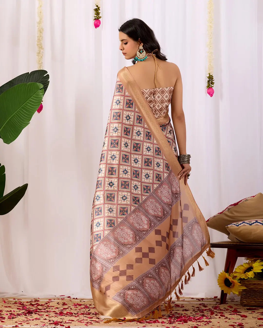 Floral Lichi Silk Saree with Zari Border