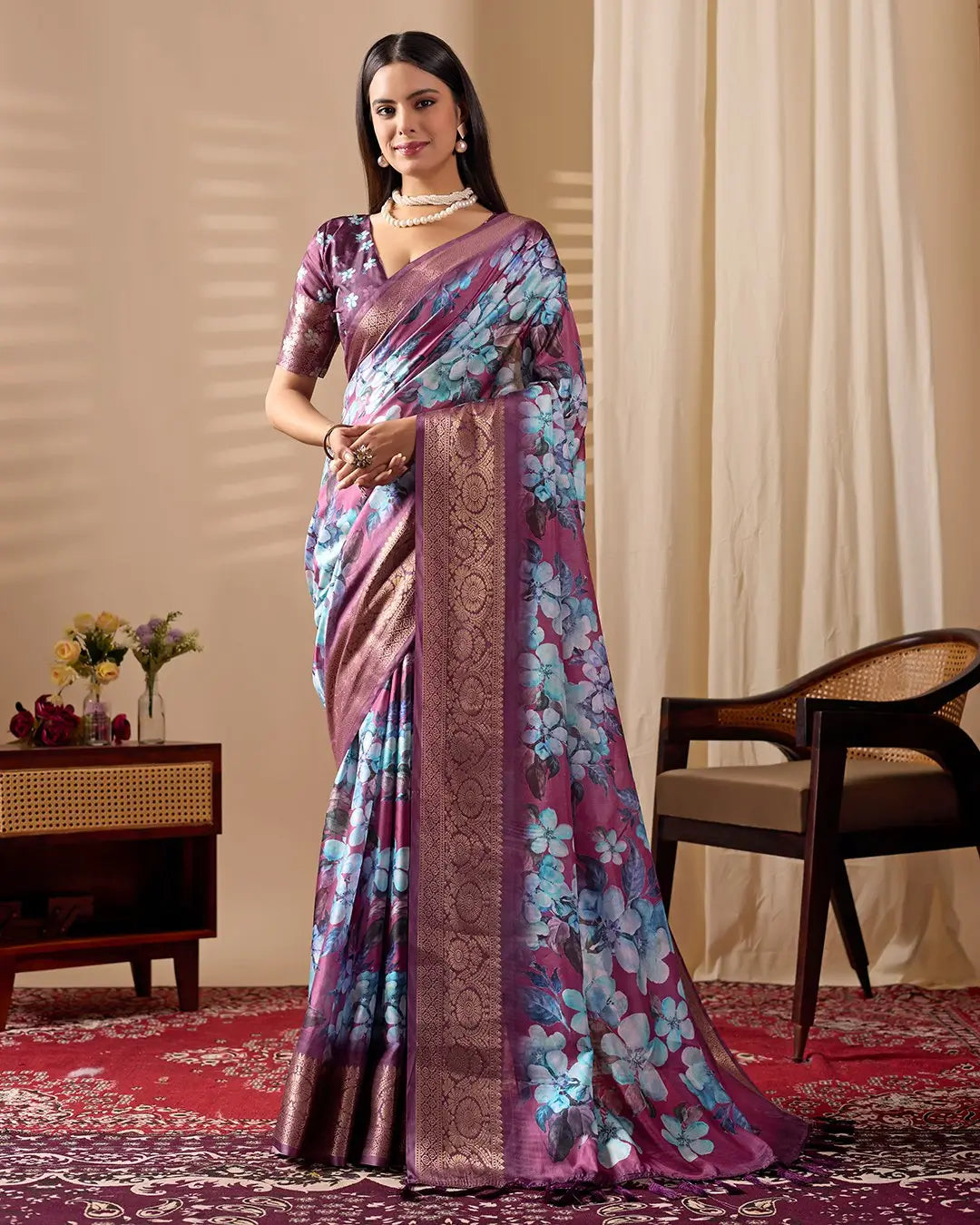 Floral Lichi Silk Saree with Zari Border