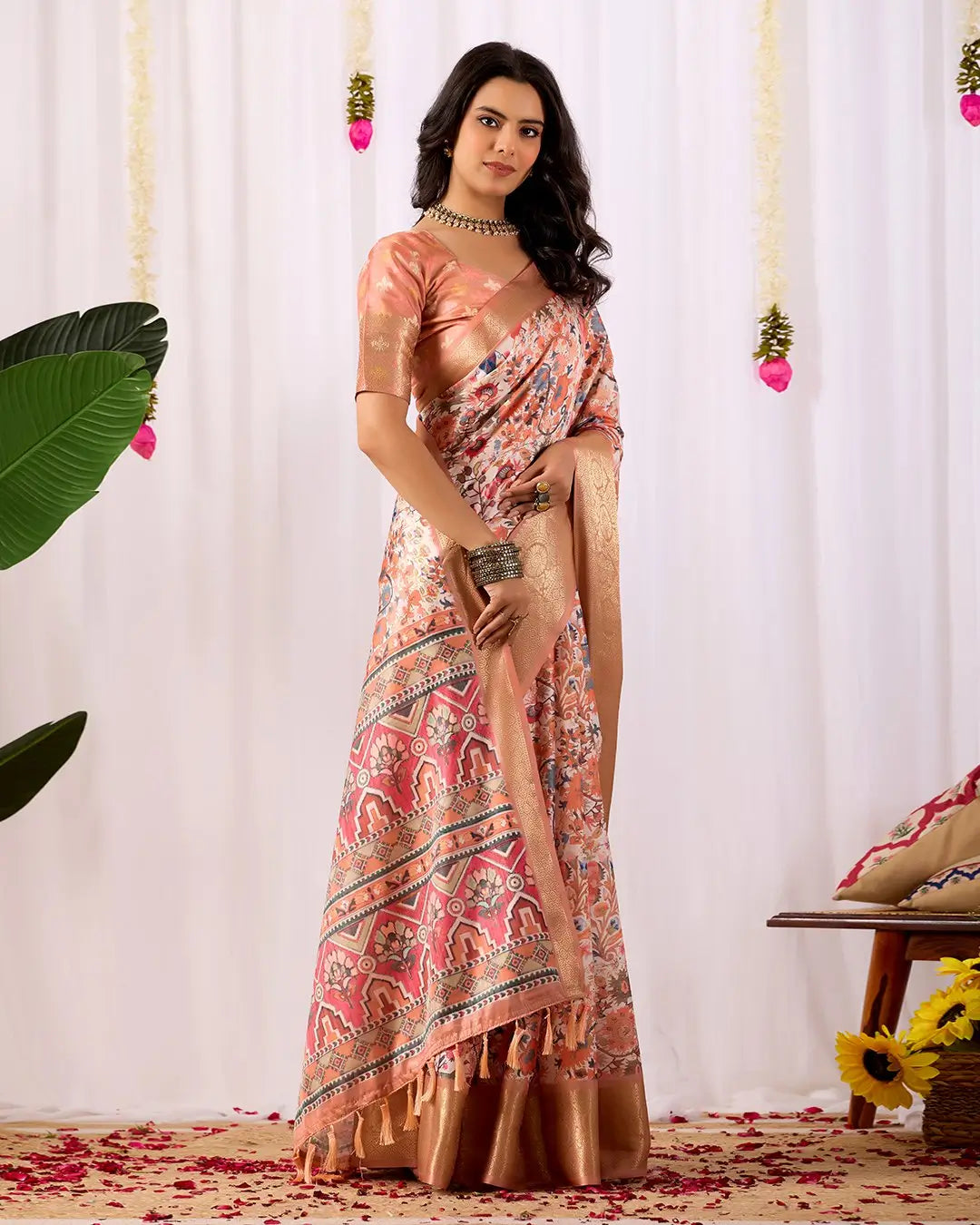 Floral Lichi Silk Saree with Zari Border