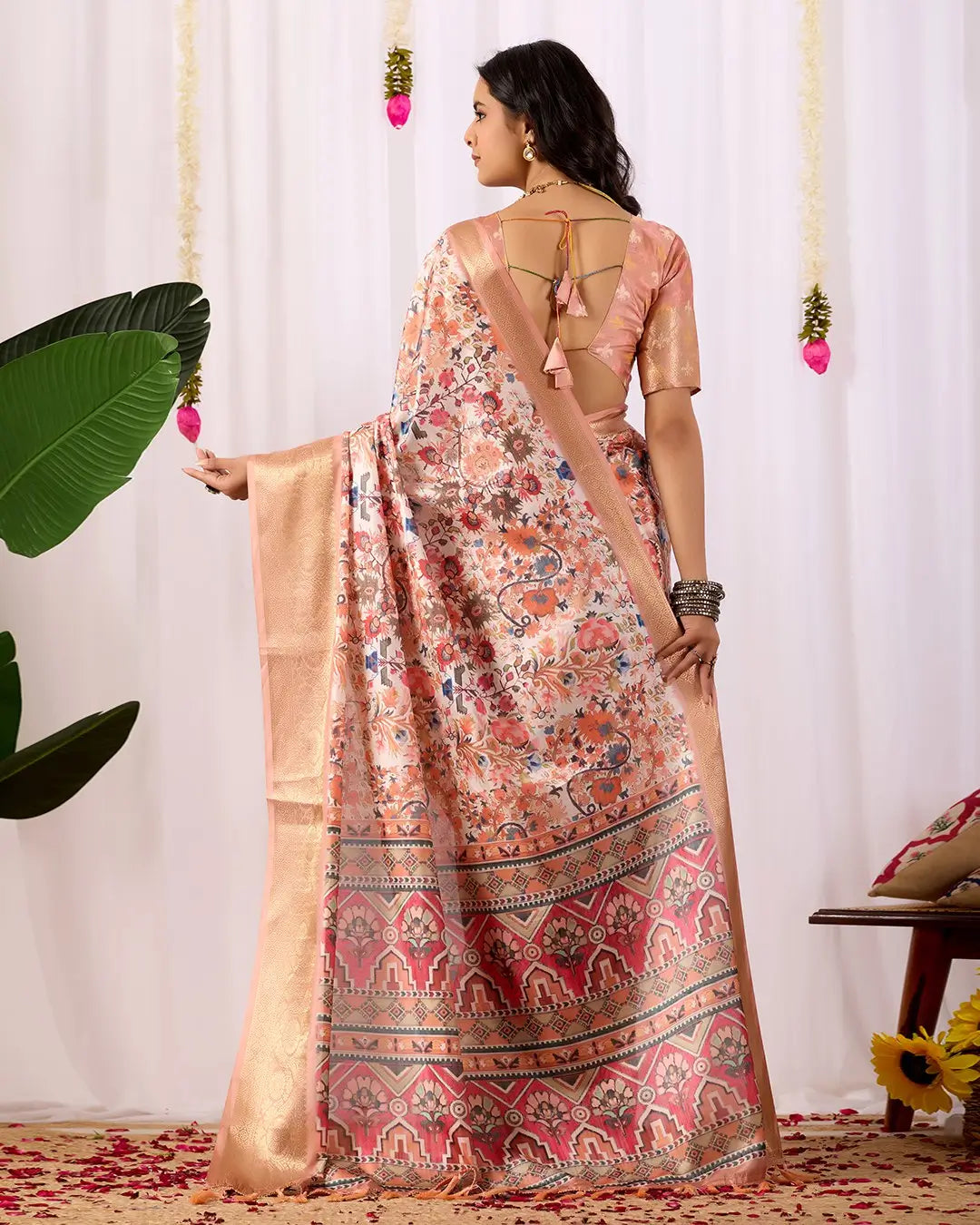 Floral Lichi Silk Saree with Zari Border
