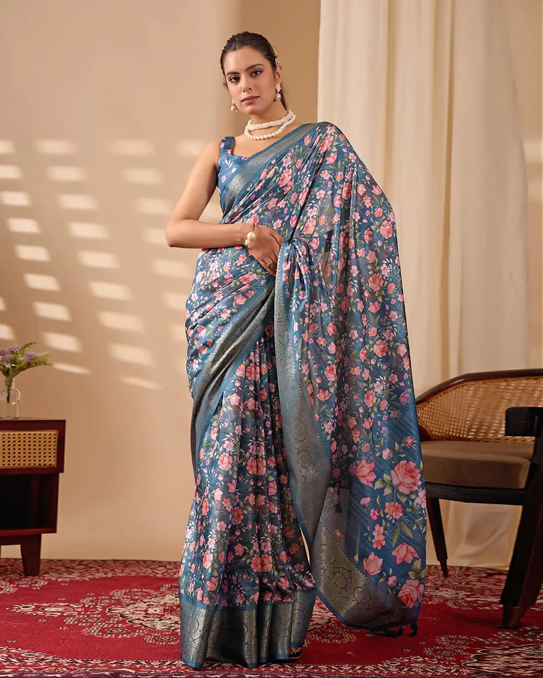 Floral Lichi Silk Saree with Zari Border