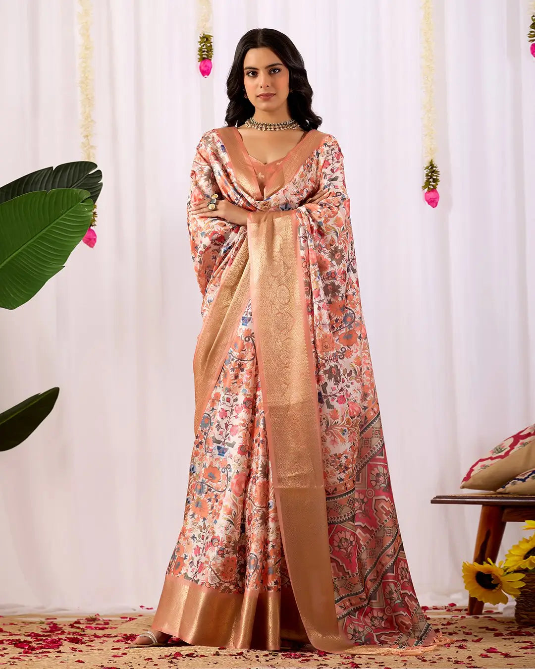 Floral Lichi Silk Saree with Zari Border