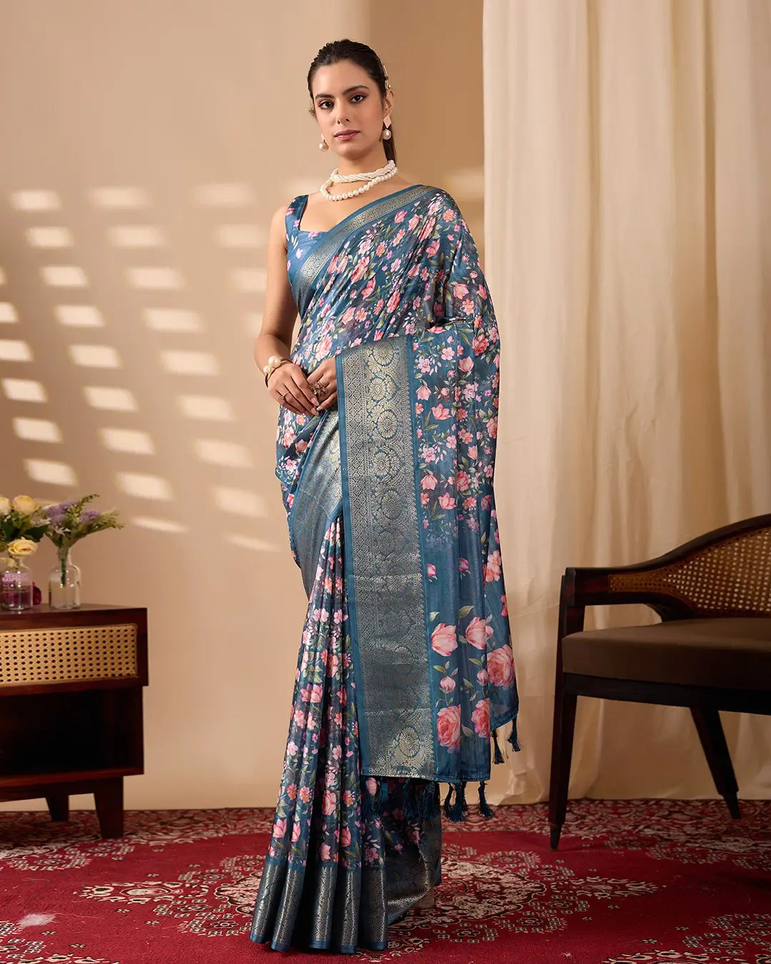 Floral Lichi Silk Saree with Zari Border
