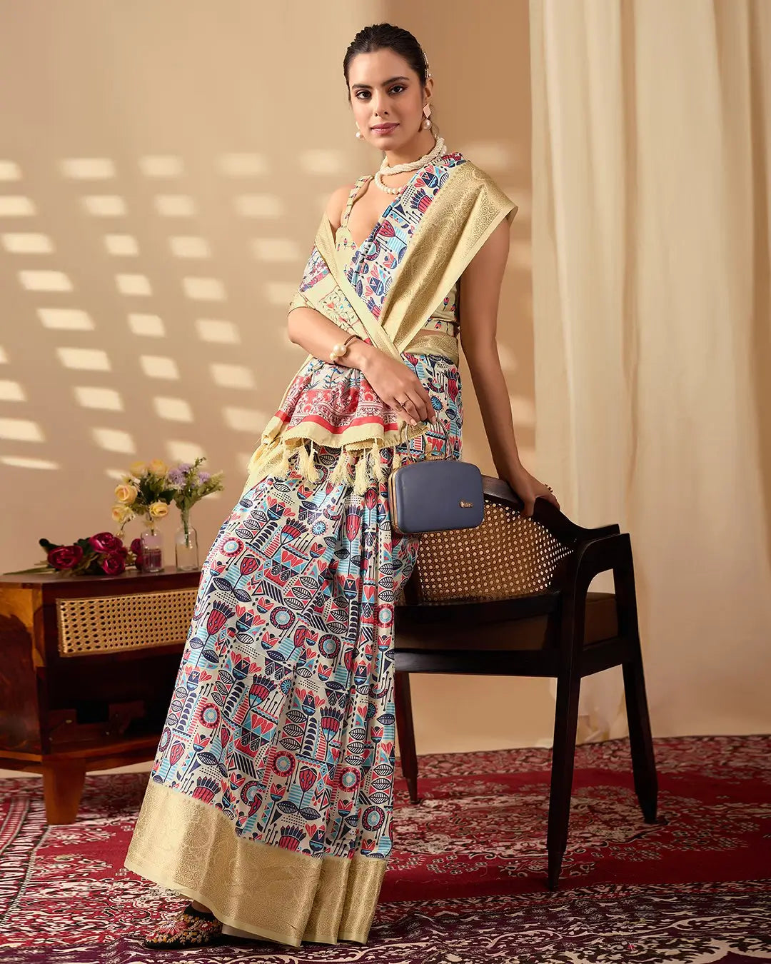 Floral Lichi Silk Saree with Zari Border