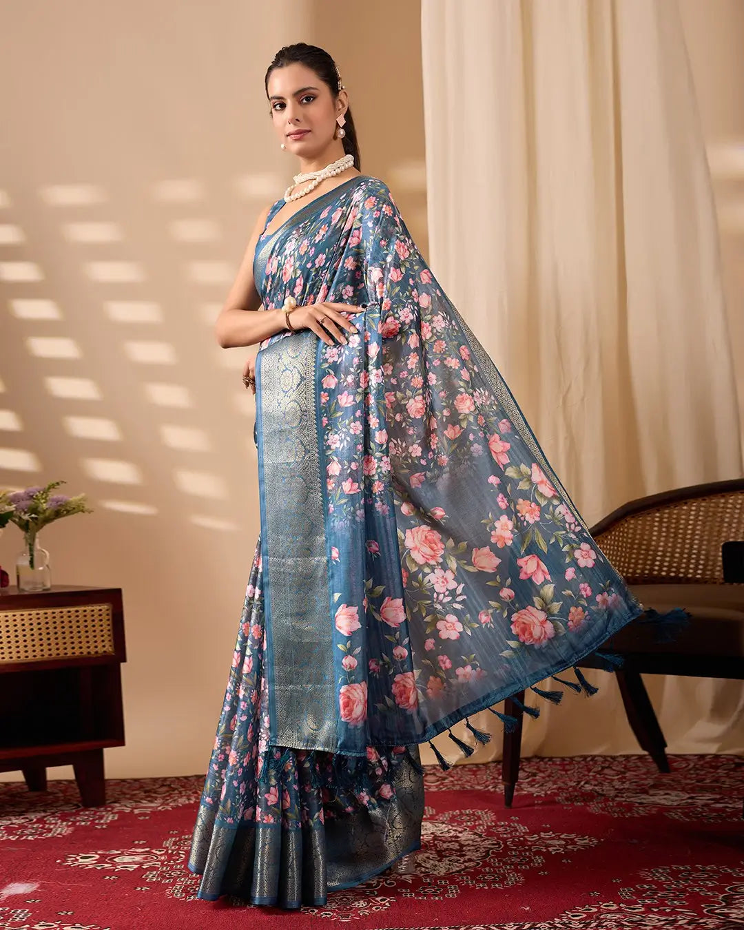 Floral Lichi Silk Saree with Zari Border