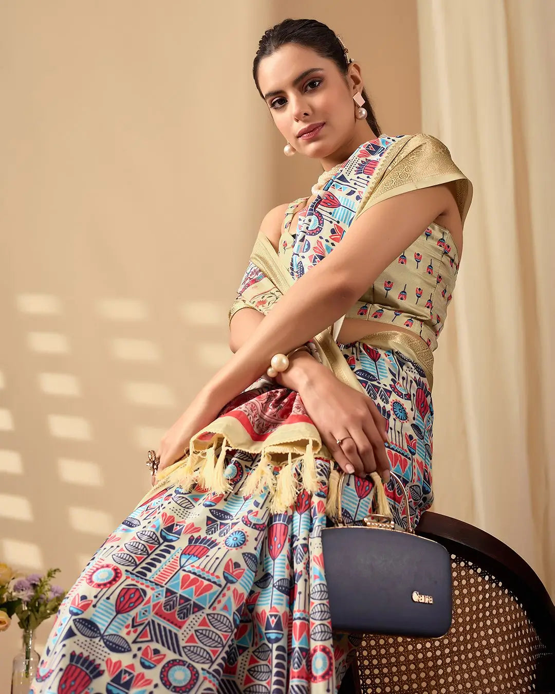 Floral Lichi Silk Saree with Zari Border