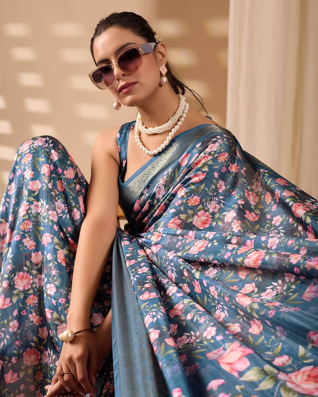 Floral Lichi Silk Saree with Zari Border