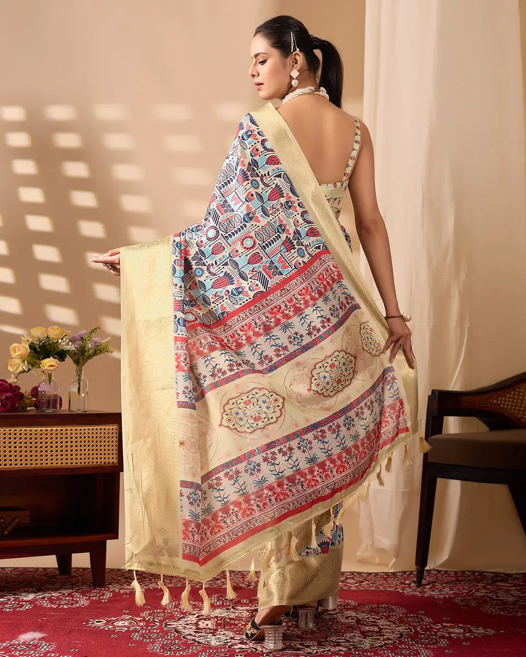 Floral Lichi Silk Saree with Zari Border