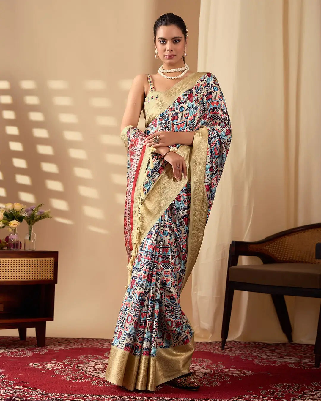 Floral Lichi Silk Saree with Zari Border