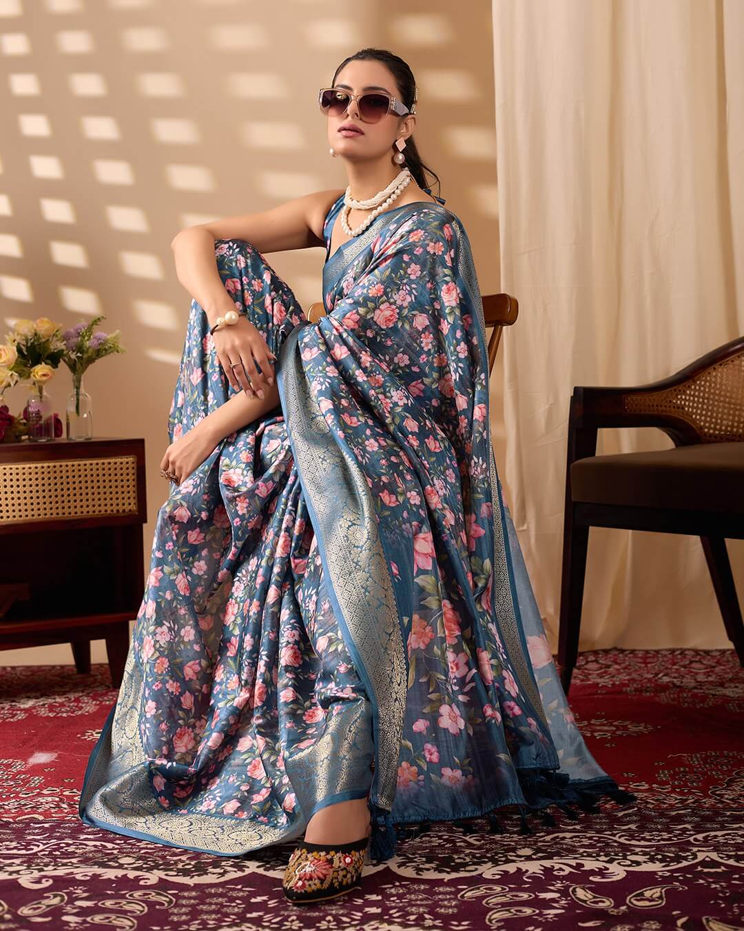 Floral Lichi Silk Saree with Zari Border
