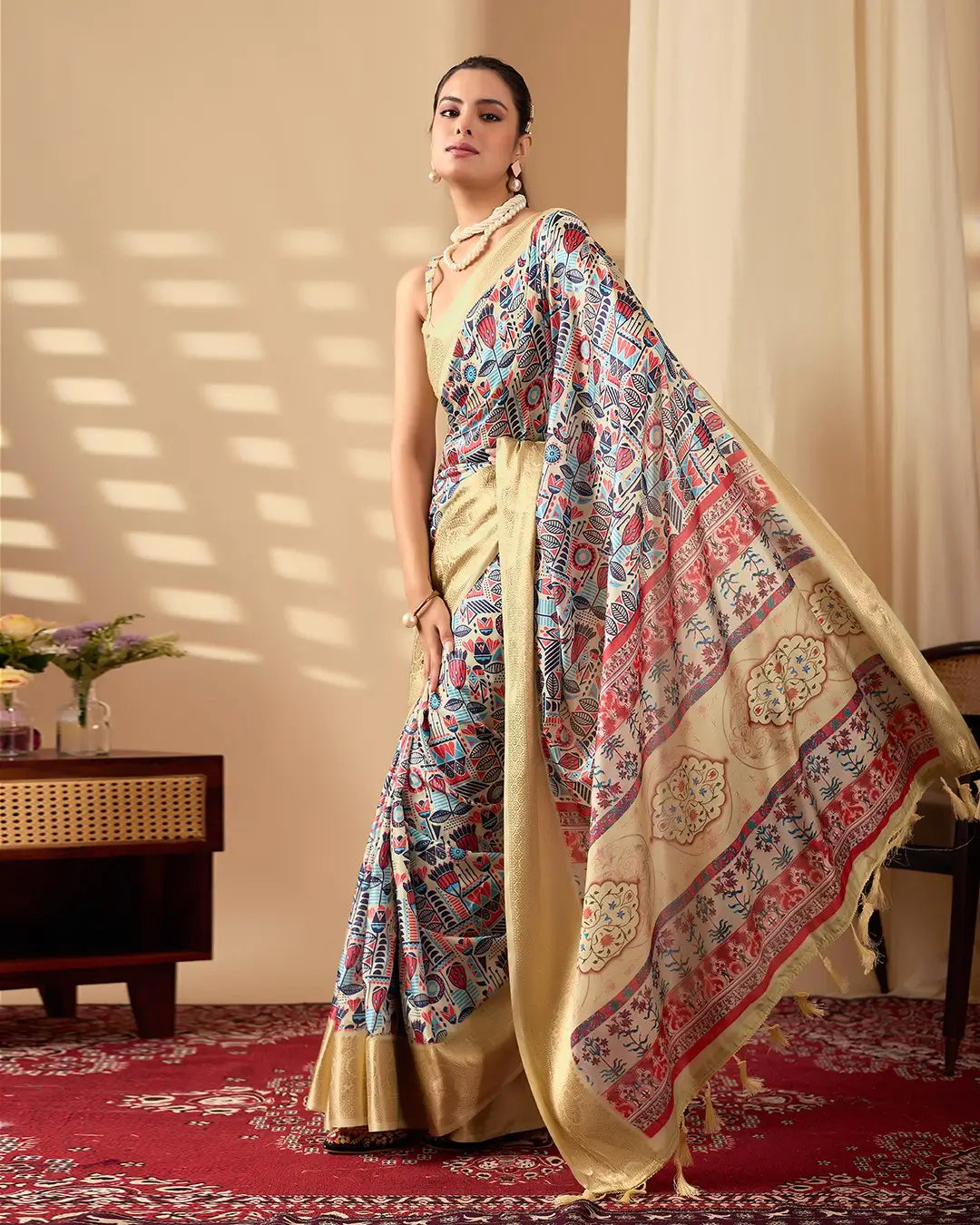 Floral Lichi Silk Saree with Zari Border