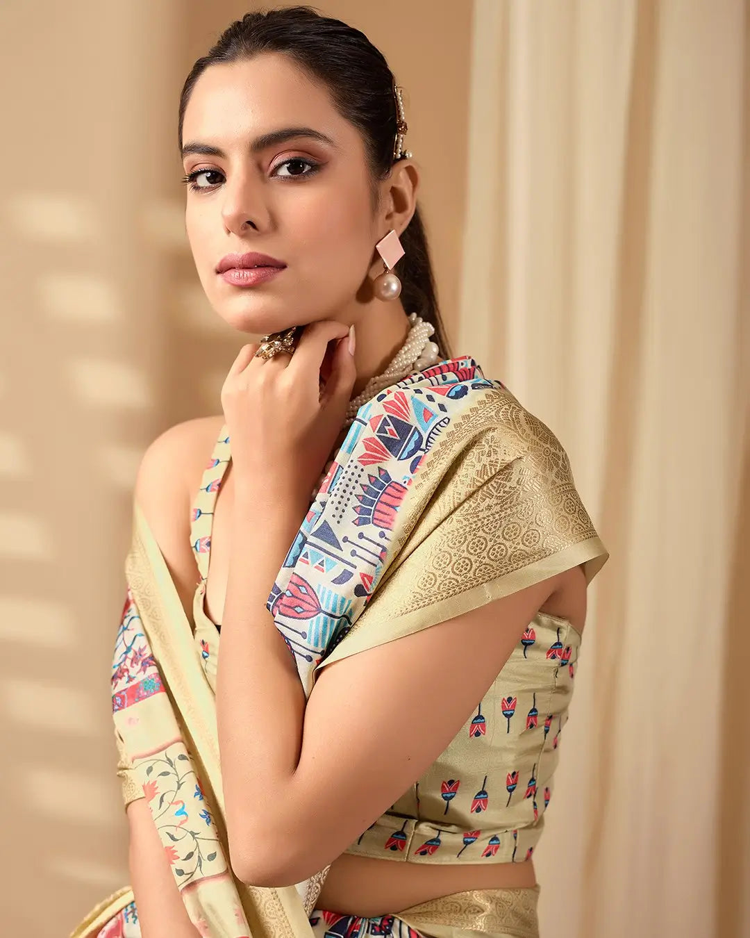 Floral Lichi Silk Saree with Zari Border