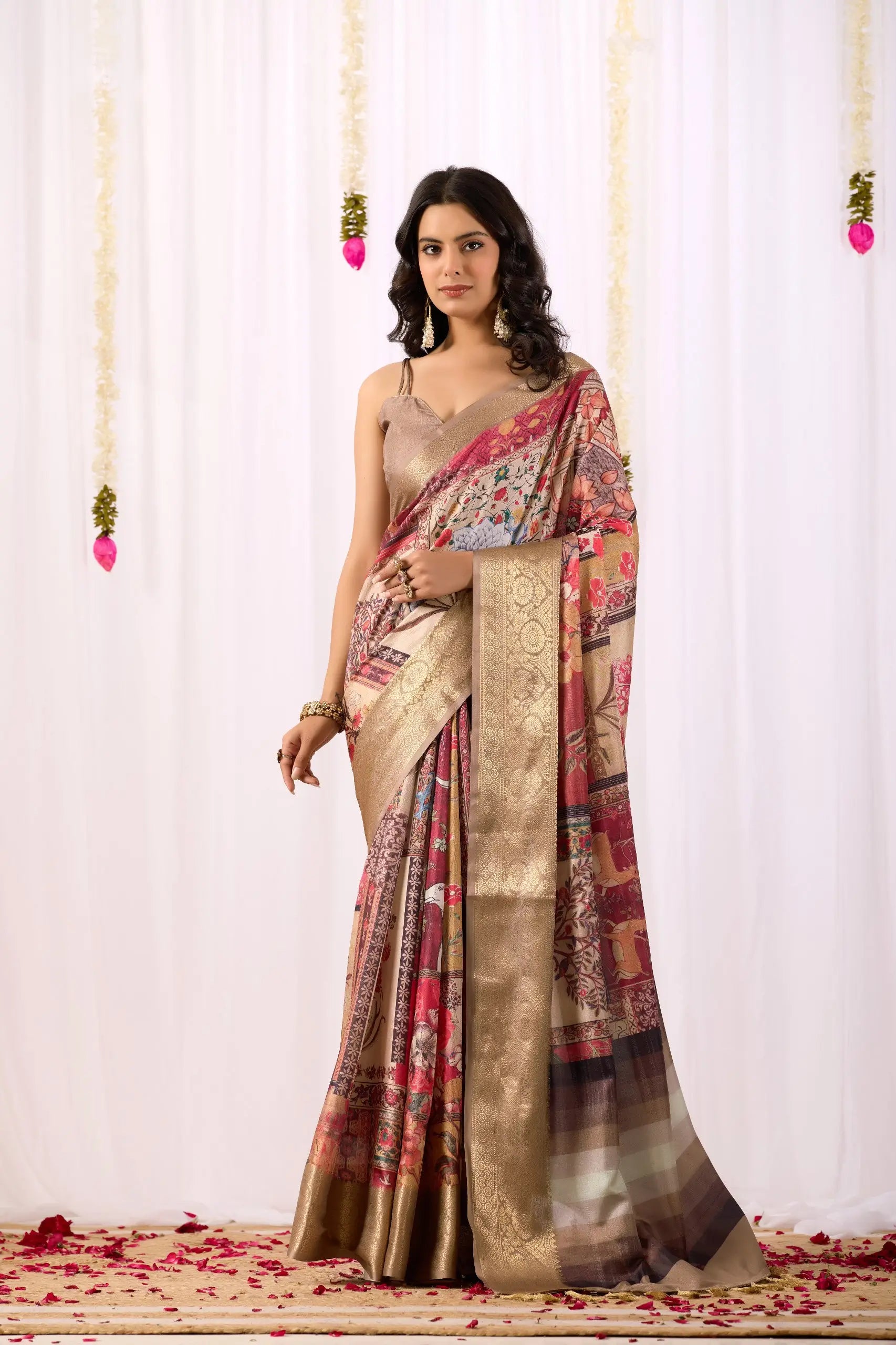 Floral Lichi Silk Saree with Zari Border
